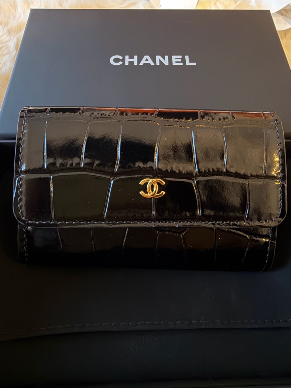 CHANEL Black Leather Croc Embossed Mini Flap Wallet / Cardholder with Gold CC